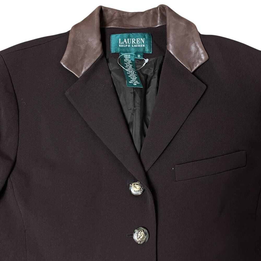 Lauren Ralph Lauren Brown Wool Leather Collar Horse Buttons Equestrian Blazer - Picture 6 of 14